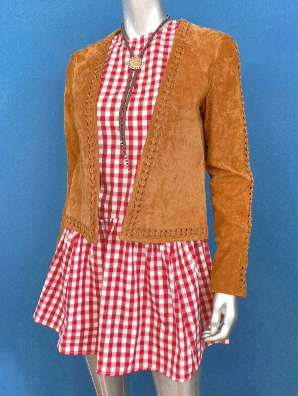 🆕️🤠🐎MANGO Genuine Leather Trena Suede Jacket Collarless w/ Suede Braiding NWT - Picture 4 of 16